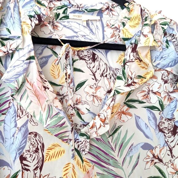Maje Letrany Printed Ruffle Top jungle white blanc floral blouse - Picture 2 of 7